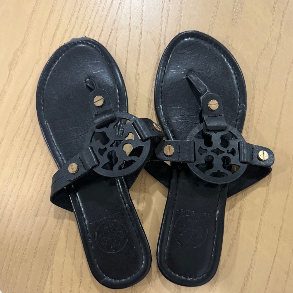 Tory Burch Miller Sandals matte soft leather dark black thong slip on shoes